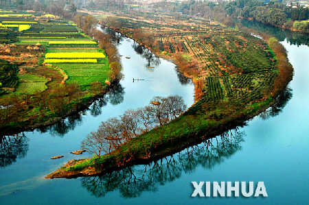 月亮湾是镶嵌在婺源县星江河中的一颗“生态明珠”，它与周边金灿灿的油菜花、绿油油的茶叶构成了一幅美丽的乡村风景画。